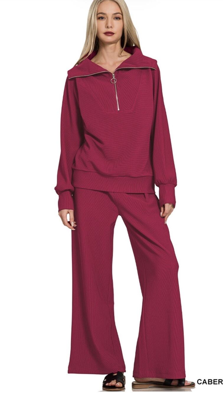 ZENANA RIBBED HIGH NECK HALF ZIP PULLOVER & PANTS SET